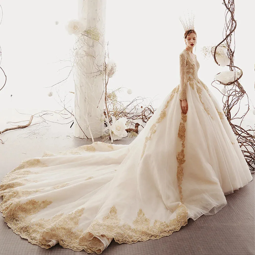 Custom Made Princess Wedding Dresses Vestido De Casamento Gold Appliques Beading Long Sleeve Bridal Gowns Bruidsjurken