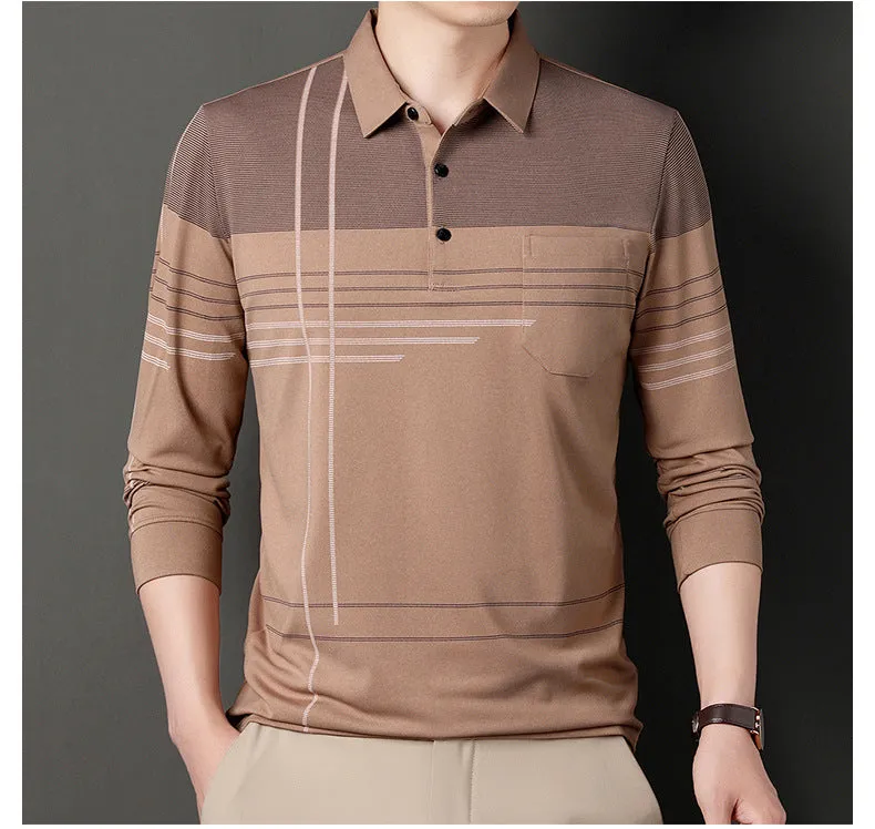 Dad's Autumn New Long Sleeve T-shirt Men's True Pocket Pocket Middle aged and Old Men's Polo Shirt with Polo Collar