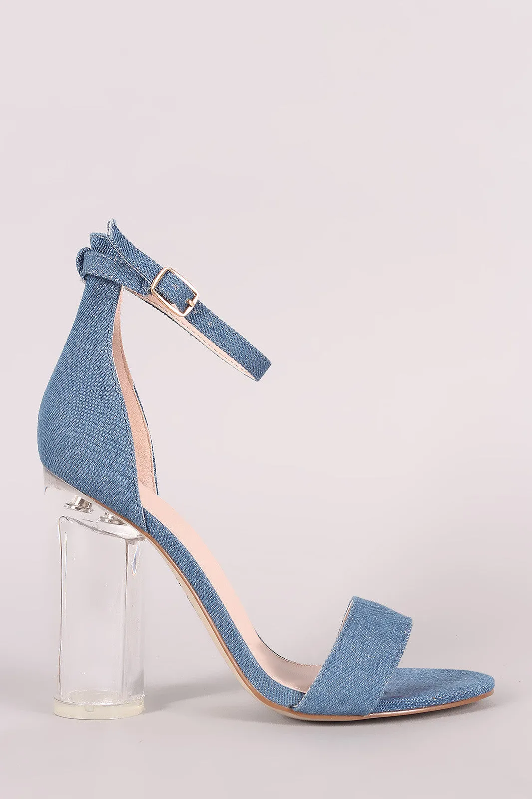 Denim Open Toe Ankle Strap Chunky Lucite Heel