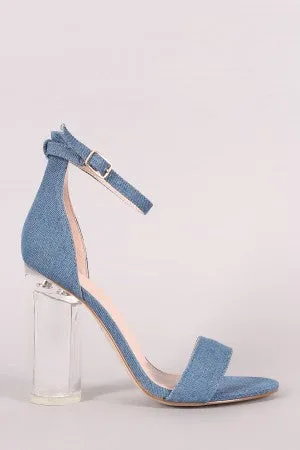 Denim Open Toe Ankle Strap Chunky Lucite Heel