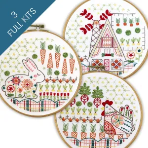 Folk Art Garden Trio Embroidery Kit Bundle of 3