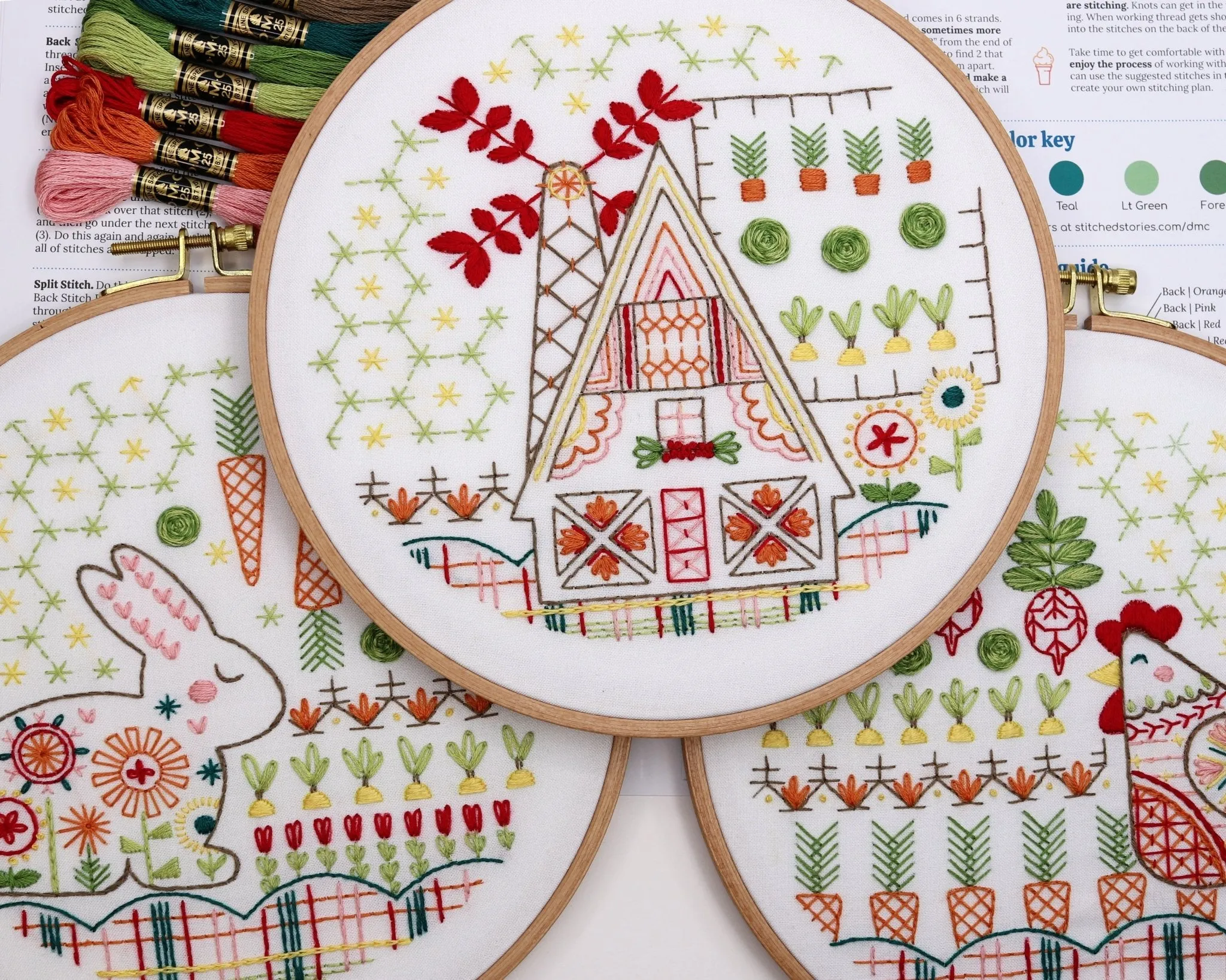 Folk Art Garden Trio Embroidery Kit Bundle of 3