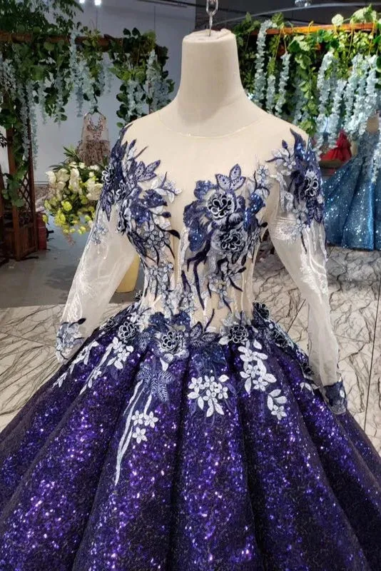 Gorgeous Ball Gown Long Sleeves Sequins Ombre Quinceanera Puffy Prom Dresses