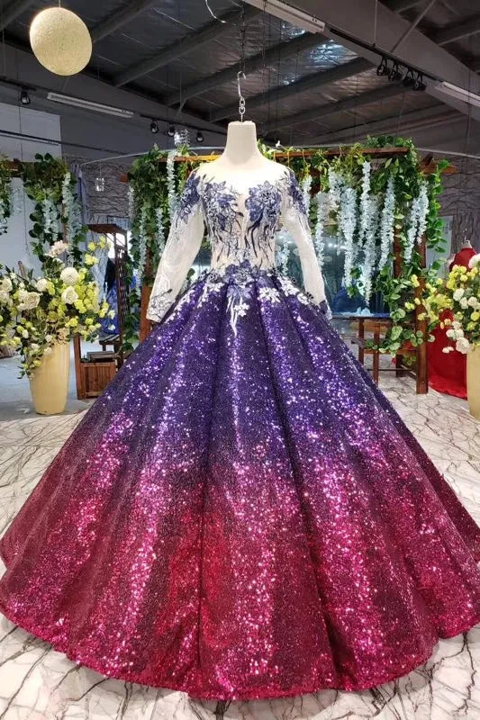 Gorgeous Ball Gown Long Sleeves Sequins Ombre Quinceanera Puffy Prom Dresses