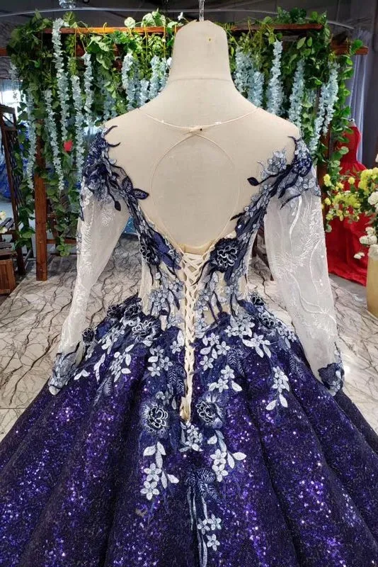 Gorgeous Ball Gown Long Sleeves Sequins Ombre Quinceanera Puffy Prom Dresses