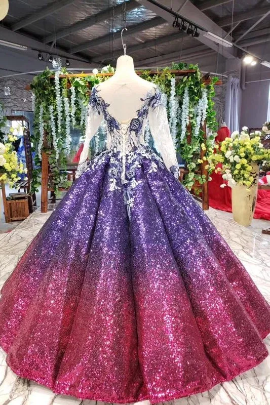 Gorgeous Ball Gown Long Sleeves Sequins Ombre Quinceanera Puffy Prom Dresses