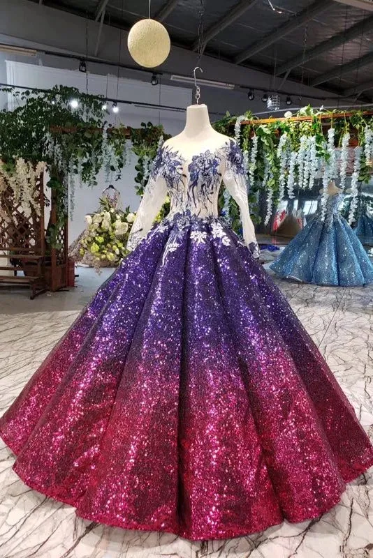 Gorgeous Ball Gown Long Sleeves Sequins Ombre Quinceanera Puffy Prom Dresses