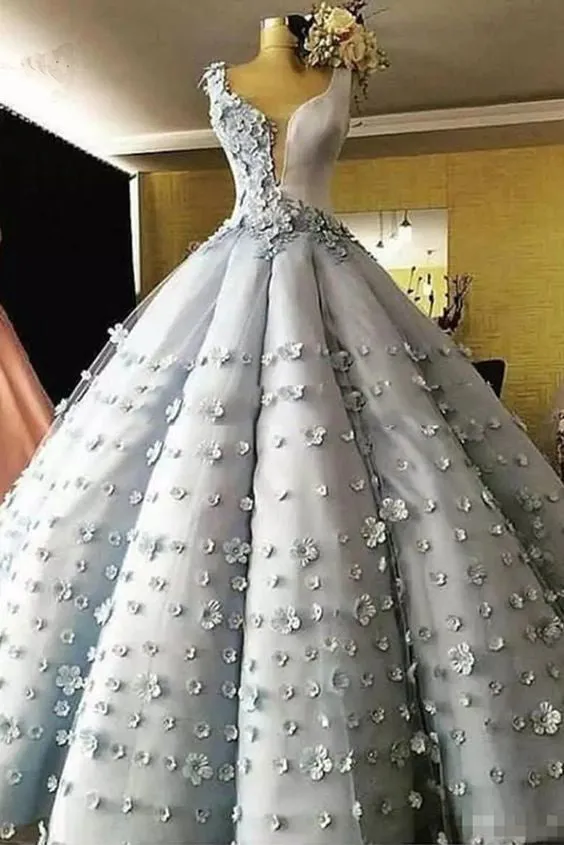 Gorgeous Ball Gown Sleeveless Floral Appliques Gray Quinceanera Prom Dresses