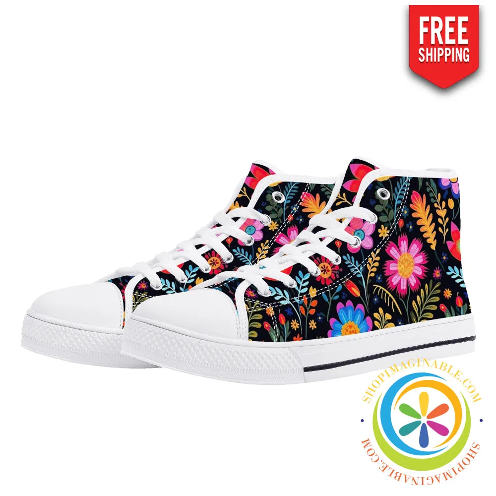 Happy Floral Ladies High Top Canvas Shoes