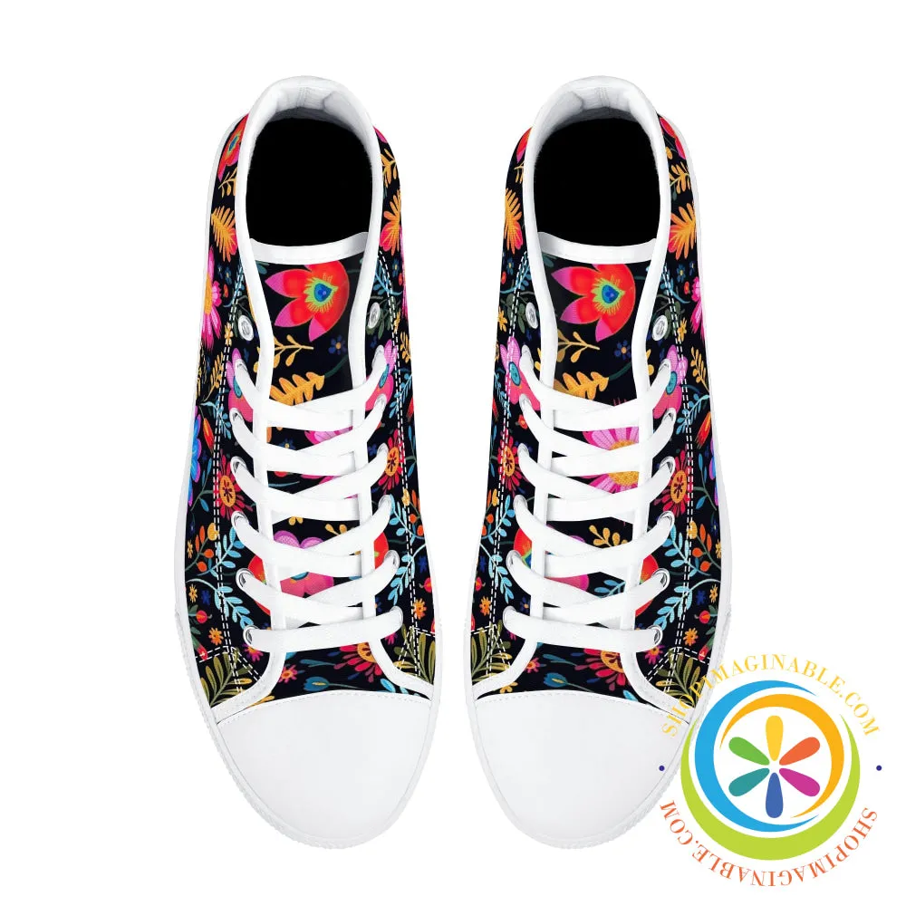 Happy Floral Ladies High Top Canvas Shoes