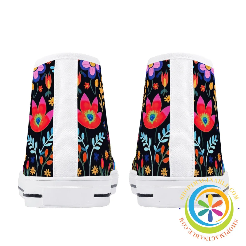 Happy Floral Ladies High Top Canvas Shoes