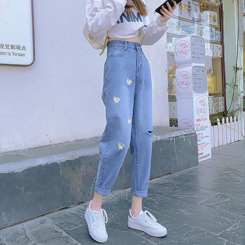 Joskaa Christmas Gift Ladies denim trousers 2024 new high-waist cropped trousers casual loose slim wild straight leg ladies fashion plus size hot sale