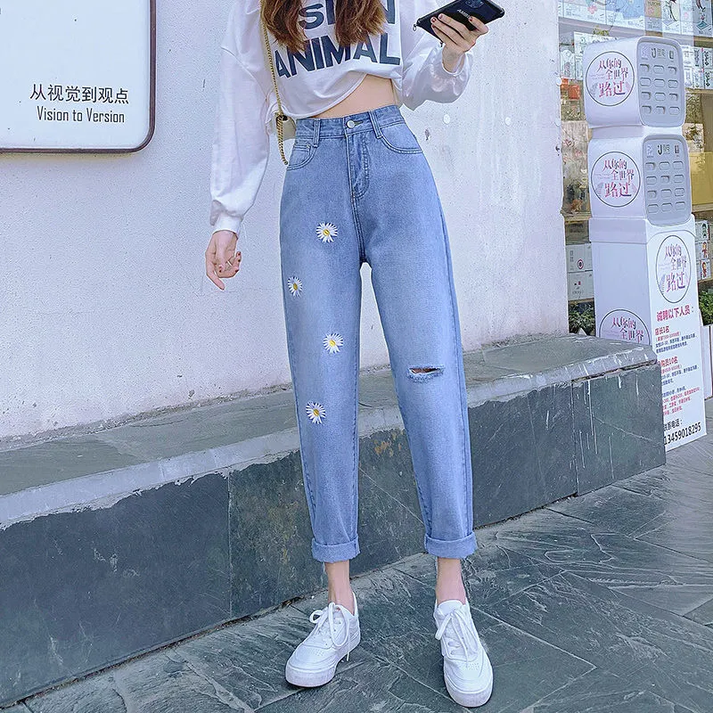Joskaa Christmas Gift Ladies denim trousers 2024 new high-waist cropped trousers casual loose slim wild straight leg ladies fashion plus size hot sale