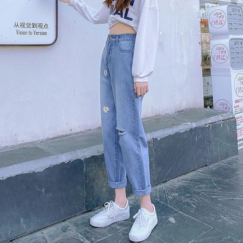 Joskaa Christmas Gift Ladies denim trousers 2024 new high-waist cropped trousers casual loose slim wild straight leg ladies fashion plus size hot sale