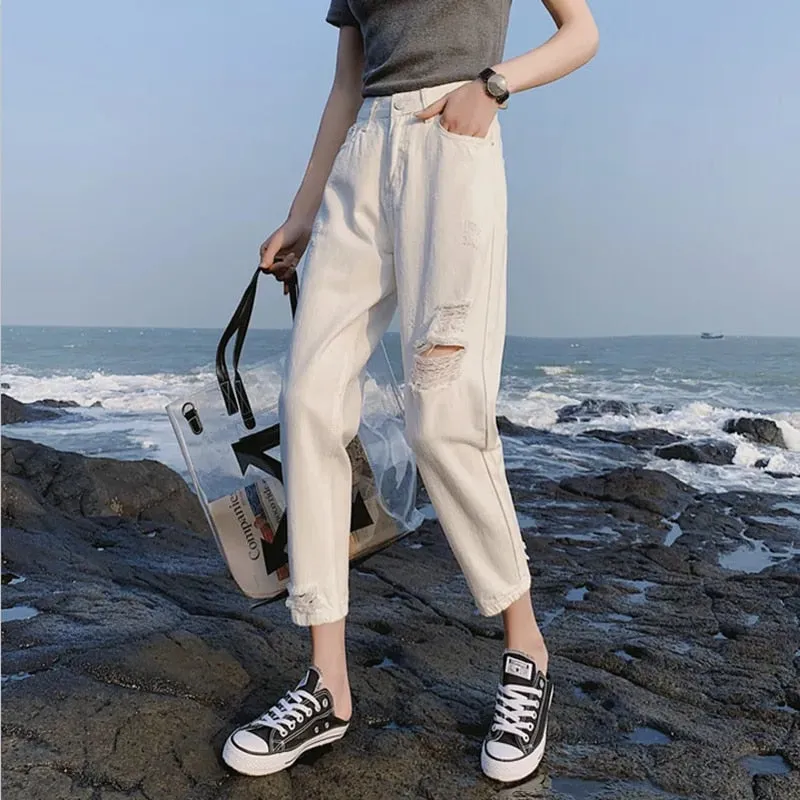 Joskaa Christmas Gift Ladies denim trousers 2024 new high-waist cropped trousers casual loose slim wild straight leg ladies fashion plus size hot sale