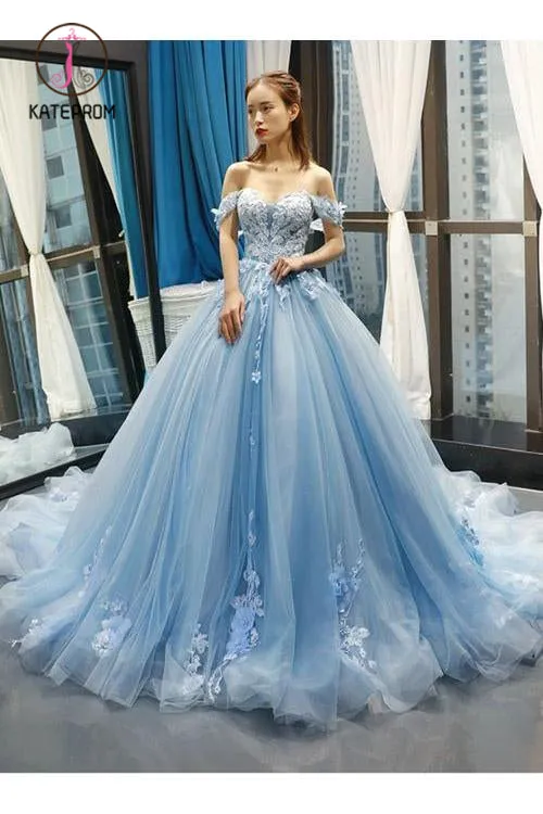 Kateprom Light Sky Blue Off the Shoulder Ball Gown Tulle Prom Dress with Applique KPP1008