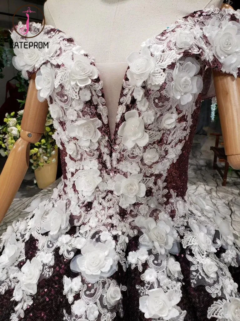 Kateprom Sparkly Off the Shoulder Long Prom Dress with Flowers, Ball Gown Quinceanera Dresses KPP1171
