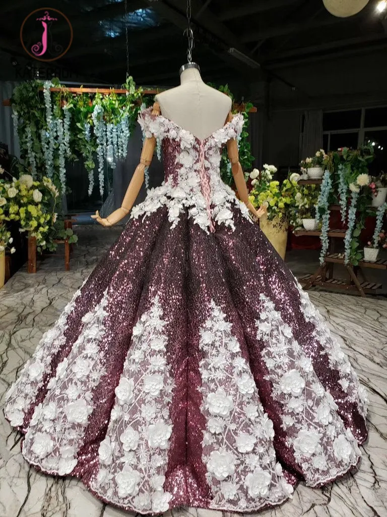 Kateprom Sparkly Off the Shoulder Long Prom Dress with Flowers, Ball Gown Quinceanera Dresses KPP1171