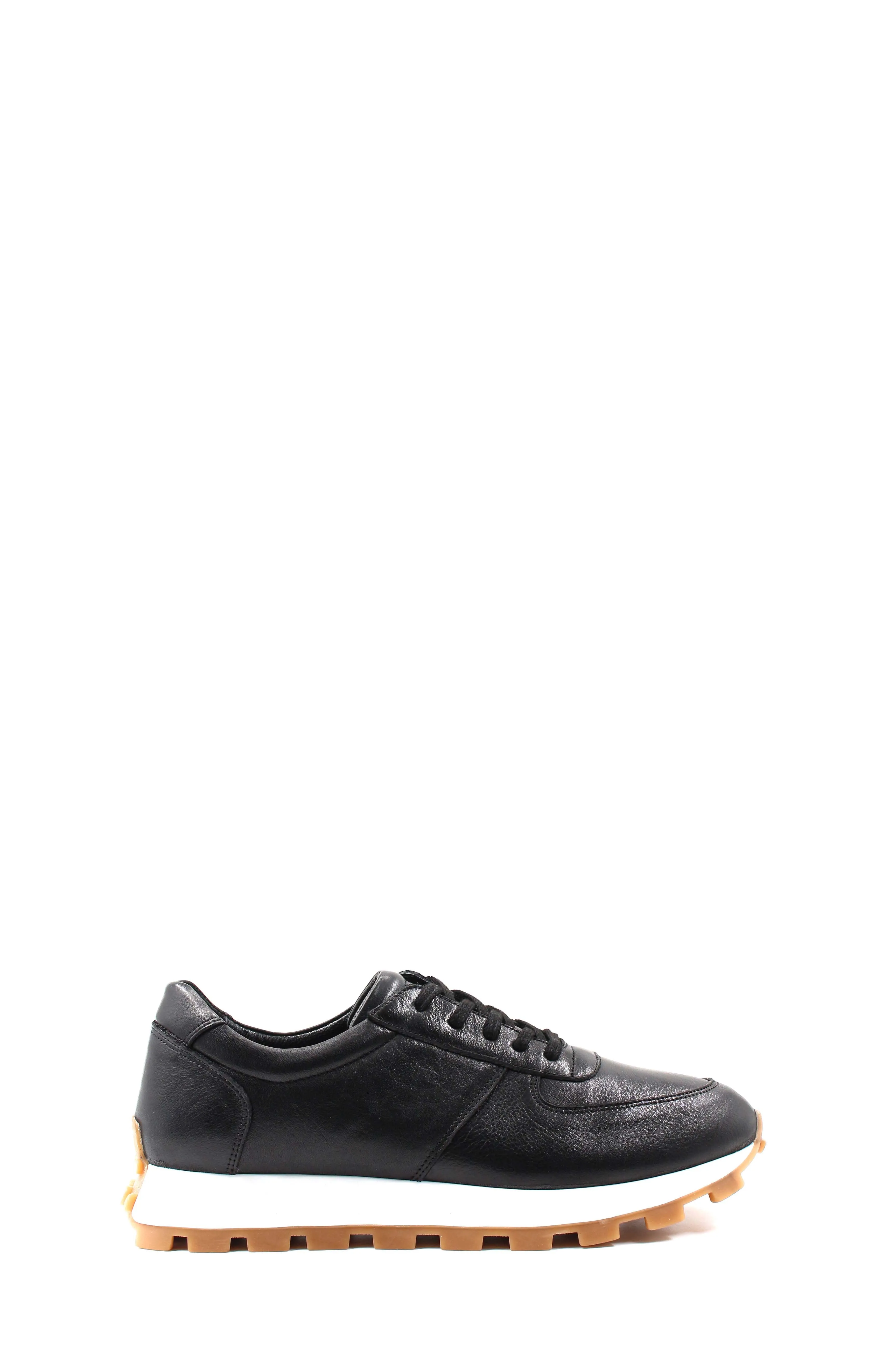 Men's Black Leather Sneakers with White Sole and Textured Outsole - Wessi