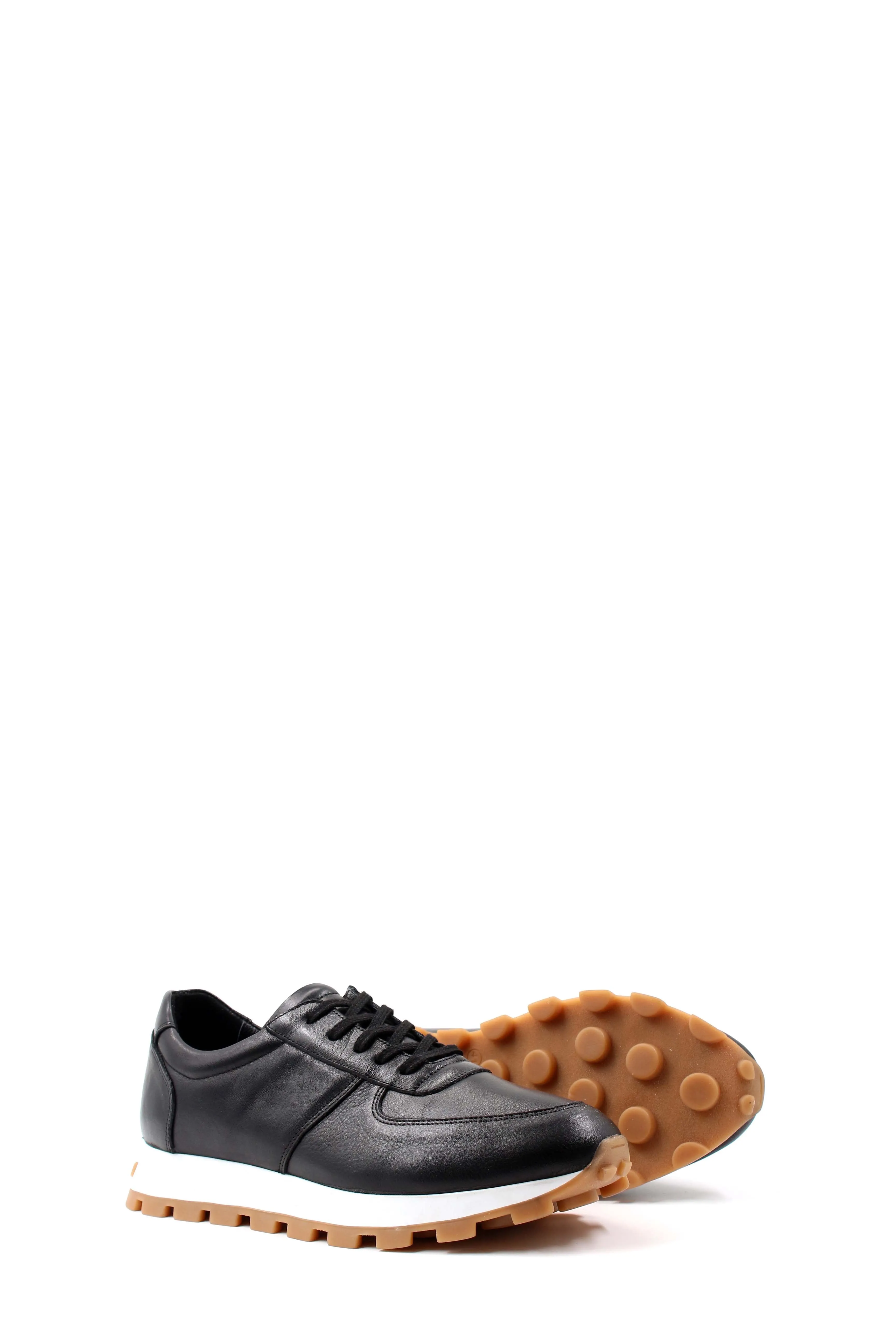 Men's Black Leather Sneakers with White Sole and Textured Outsole - Wessi