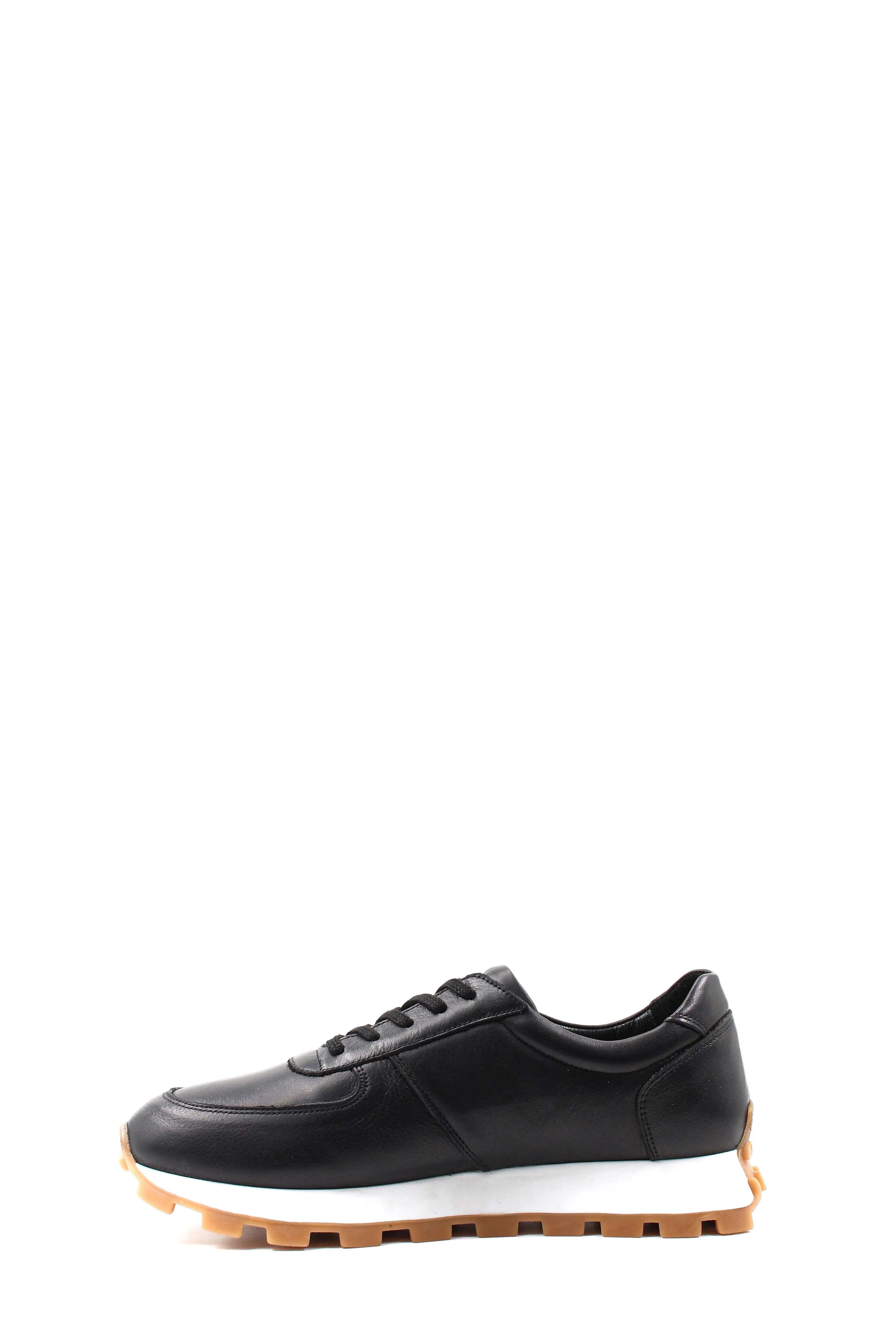 Men's Black Leather Sneakers with White Sole and Textured Outsole - Wessi