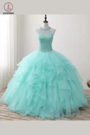 Mint Floor-length Jewel Sleeveless Ball Gown Beading Tulle Prom Dresses,Quinceanera Dresses KPP0242
