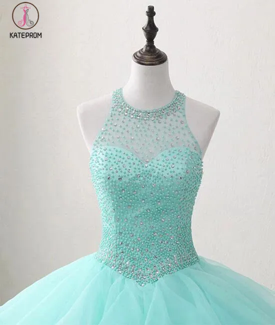 Mint Floor-length Jewel Sleeveless Ball Gown Beading Tulle Prom Dresses,Quinceanera Dresses KPP0242