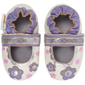 Momo Baby Girls White/Purple Flower Lace Mary Jane Soft Sole Leather Shoes