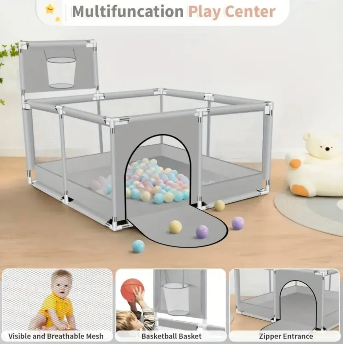 Multifunctional Baby Play Pen with Basketball Hoop