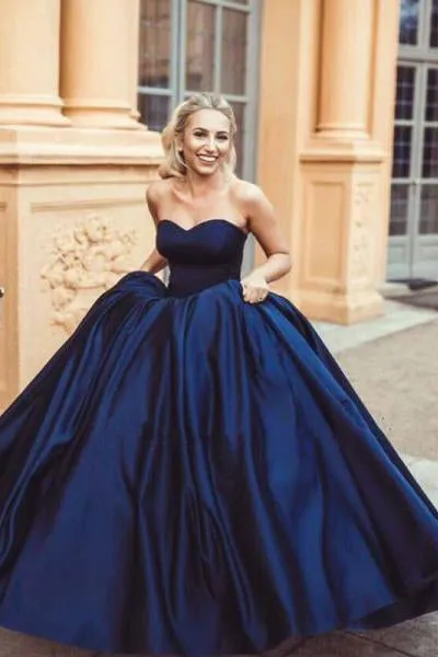 Navy Blue Ball Gown Sweetheart Prom Dresses Princess Satin Strapless Long Prom Gown N1578