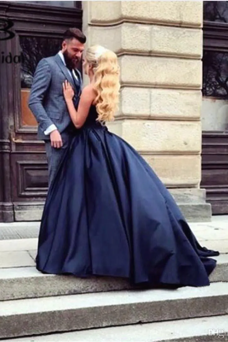Navy Blue Ball Gown Sweetheart Prom Dresses Princess Satin Strapless Long Prom Gown N1578