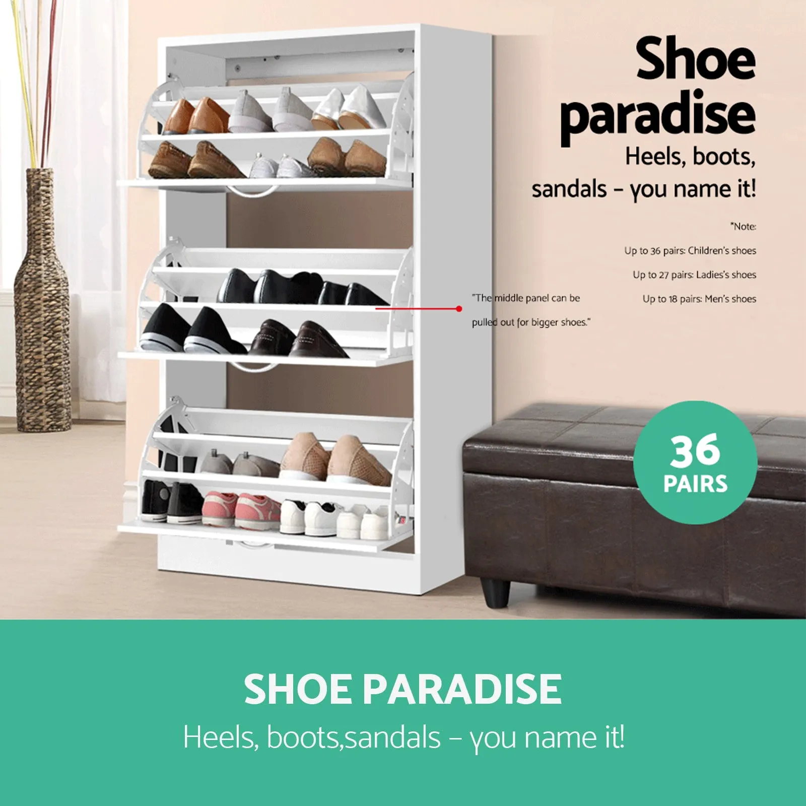 NNEDSZ 3 Tier Shoe Cabinet - White