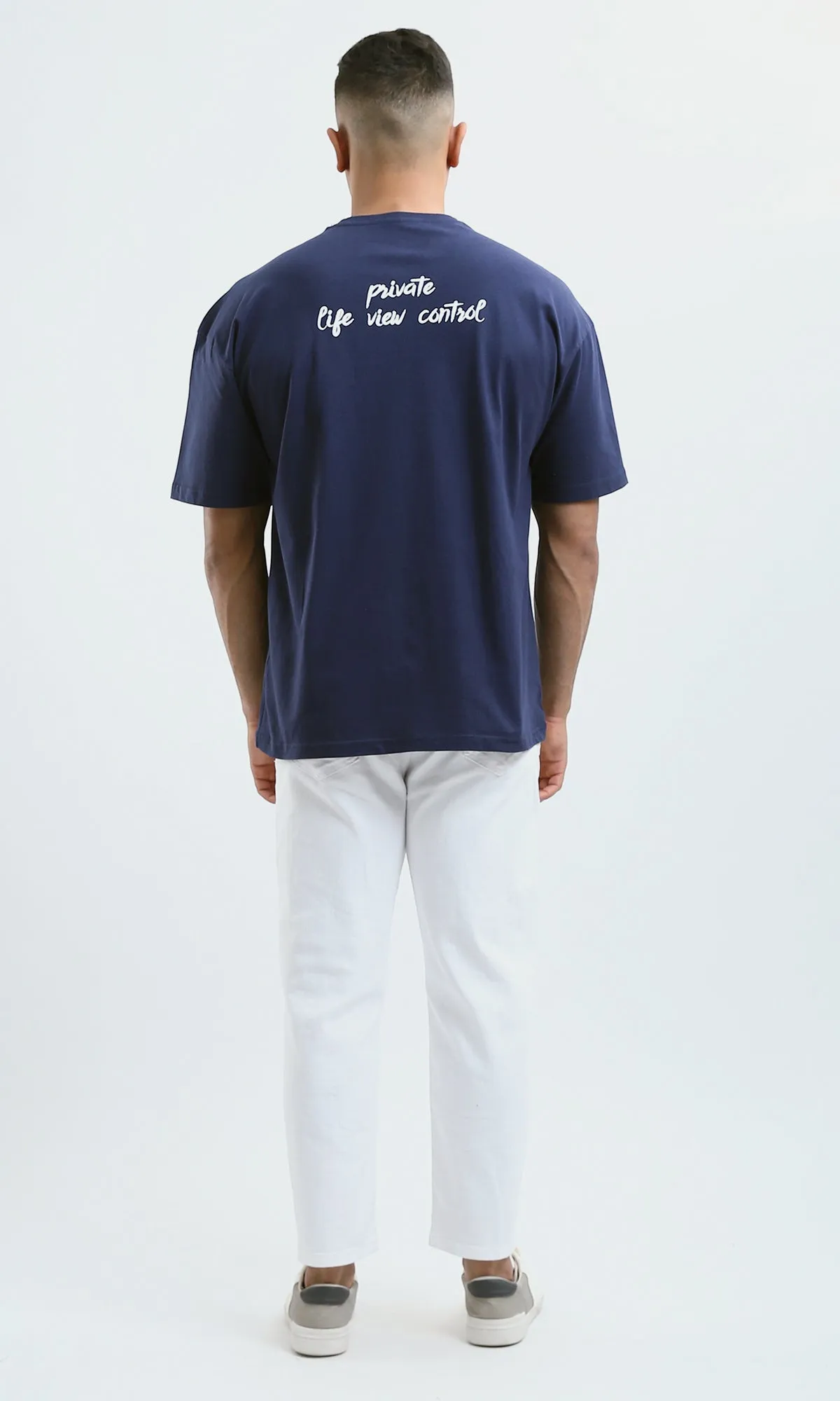 O179036 Trendy Navy Blue Slip On Printed Cotton Tee