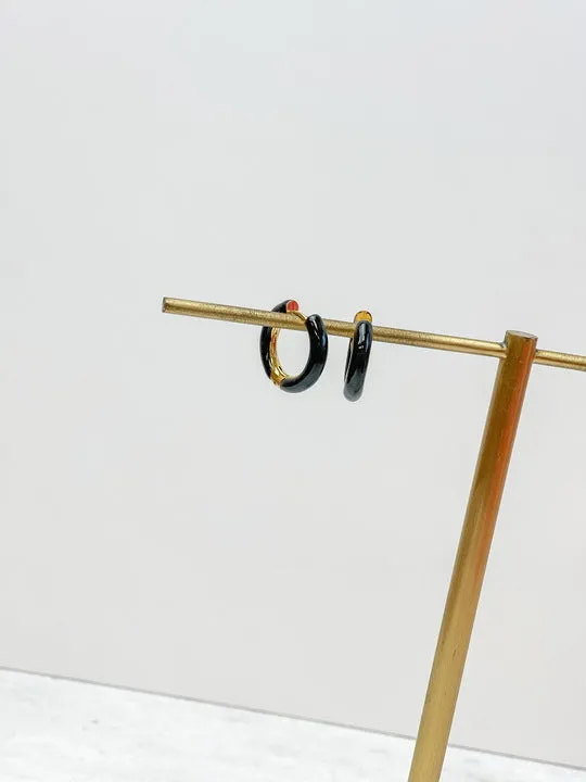 Petite Enamel Hoop Earrings - Black
