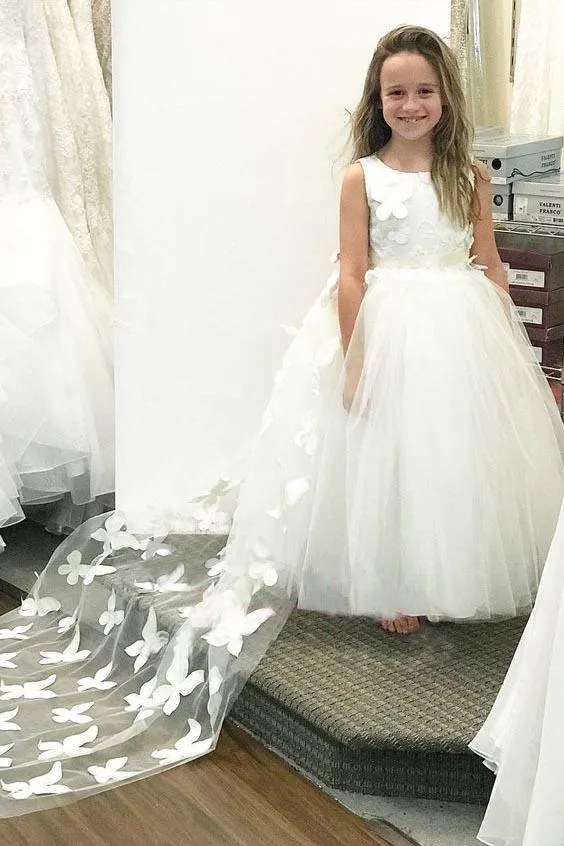 Princess A-line Ivory Long Flower Girl Dress With Train, Unique Flower Girl Dress With Train F042