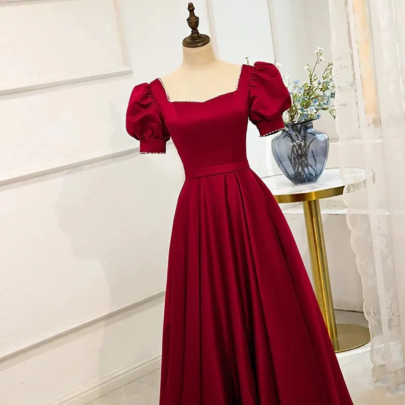 Red Short Sleeve Prom Dress,A-line Satin Birthday Dresses