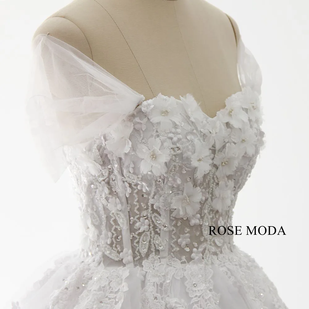Rosemoda Luxury off-the-shoulder Illusion Beaded Lace Ball Gown Wedding Dress