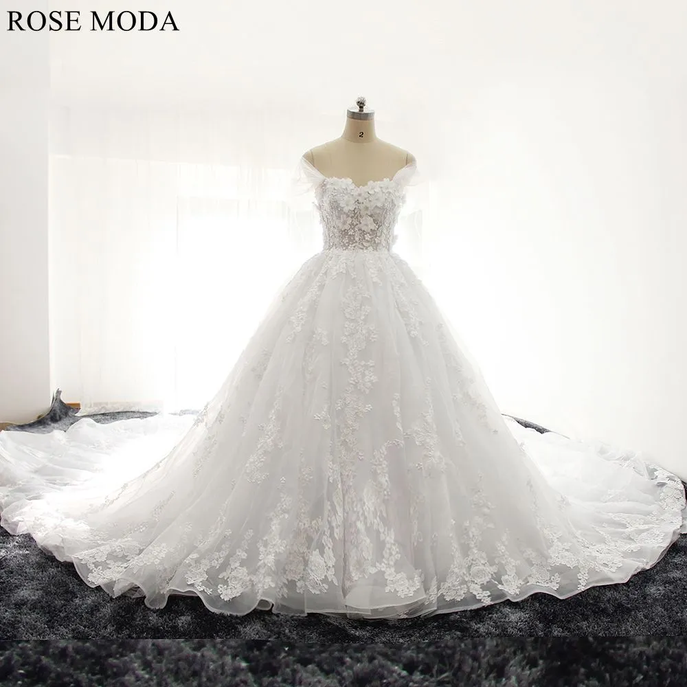 Rosemoda Luxury off-the-shoulder Illusion Beaded Lace Ball Gown Wedding Dress