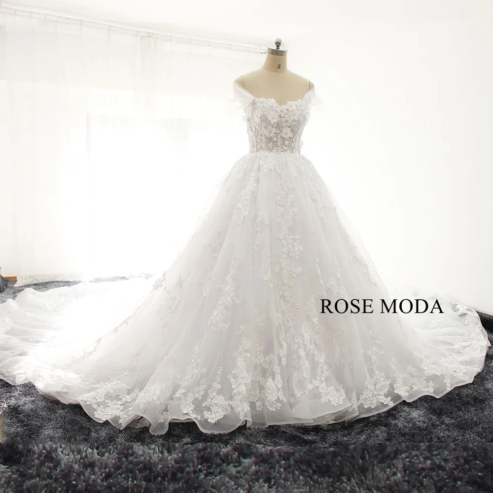 Rosemoda Luxury off-the-shoulder Illusion Beaded Lace Ball Gown Wedding Dress