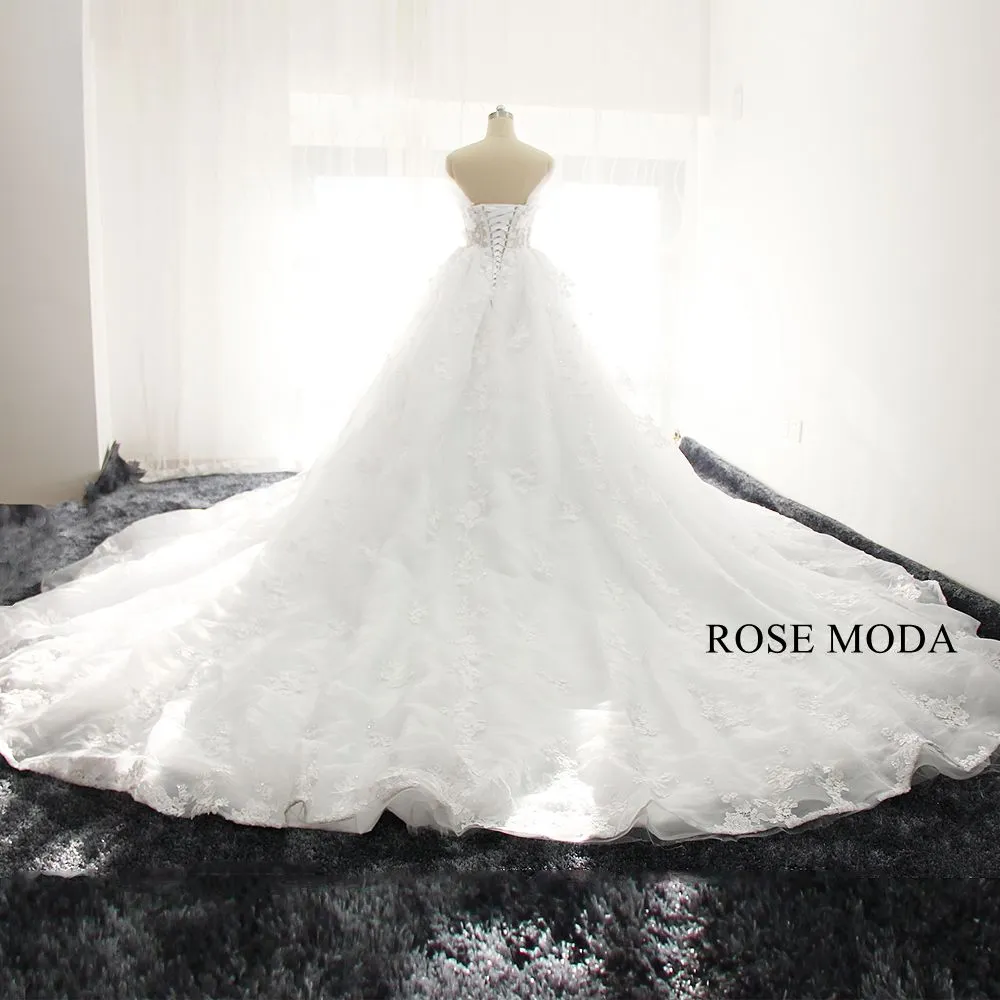 Rosemoda Luxury off-the-shoulder Illusion Beaded Lace Ball Gown Wedding Dress