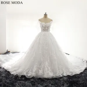 Rosemoda Luxury off-the-shoulder Illusion Beaded Lace Ball Gown Wedding Dress