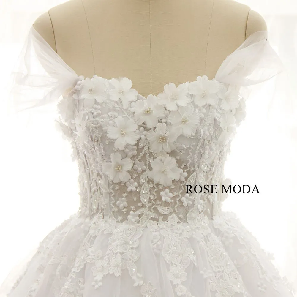 Rosemoda Luxury off-the-shoulder Illusion Beaded Lace Ball Gown Wedding Dress