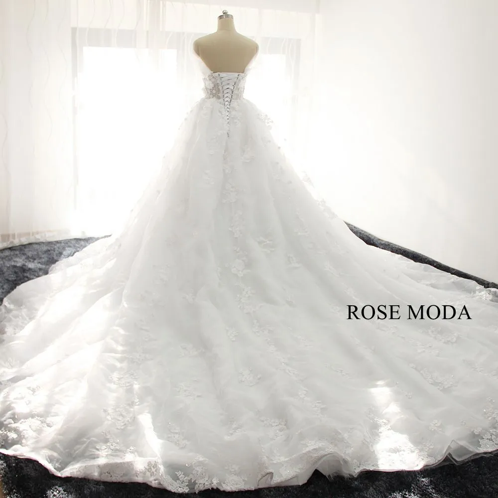 Rosemoda Luxury off-the-shoulder Illusion Beaded Lace Ball Gown Wedding Dress