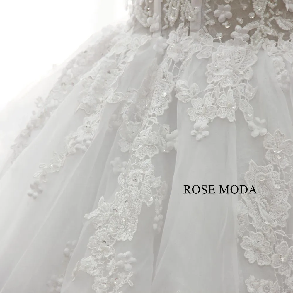 Rosemoda Luxury off-the-shoulder Illusion Beaded Lace Ball Gown Wedding Dress