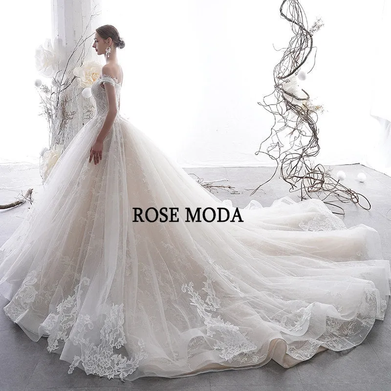 Rosemoda Short Sleeve Illusion Lace Ball Gown Wedding Dress