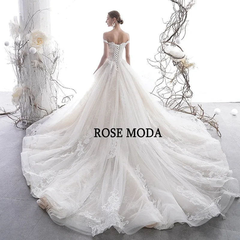 Rosemoda Short Sleeve Illusion Lace Ball Gown Wedding Dress
