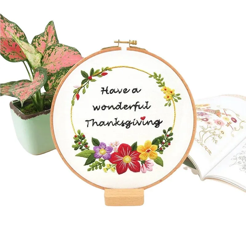 Season Greetings Flowers Hand Embroidery Kit 20cm
