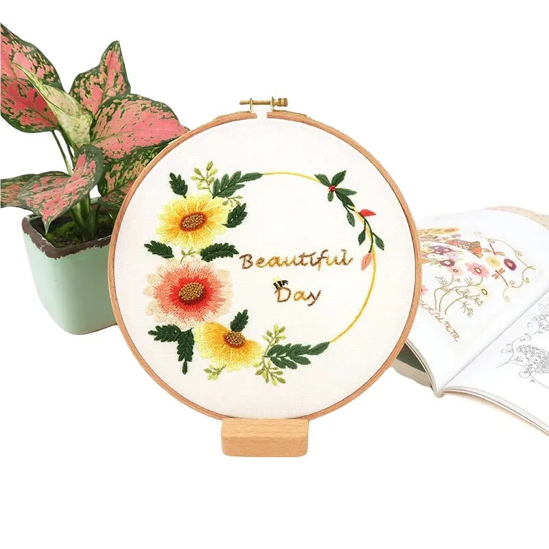 Season Greetings Flowers Hand Embroidery Kit 20cm