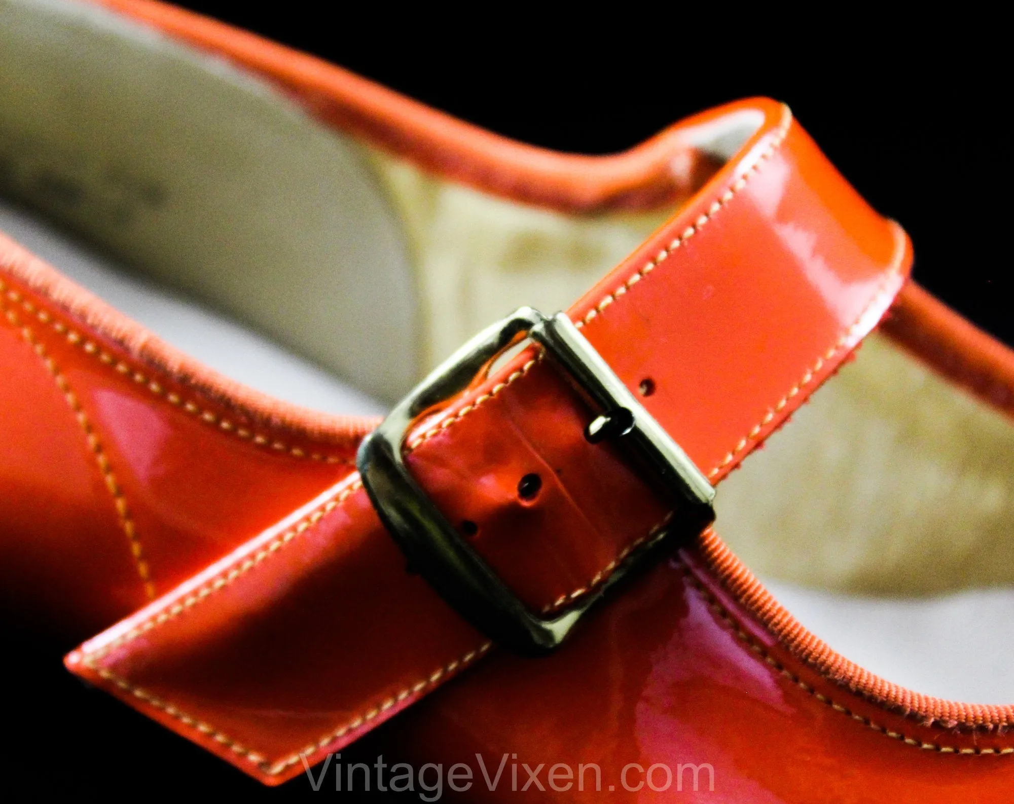 Size 2 Girl's Mary Jane Orange Shoes - Authentic Mod 1960s Girls Bright Vivid Vinyl - Toddler Child Size 2B - 60s Deadstock in Original Box