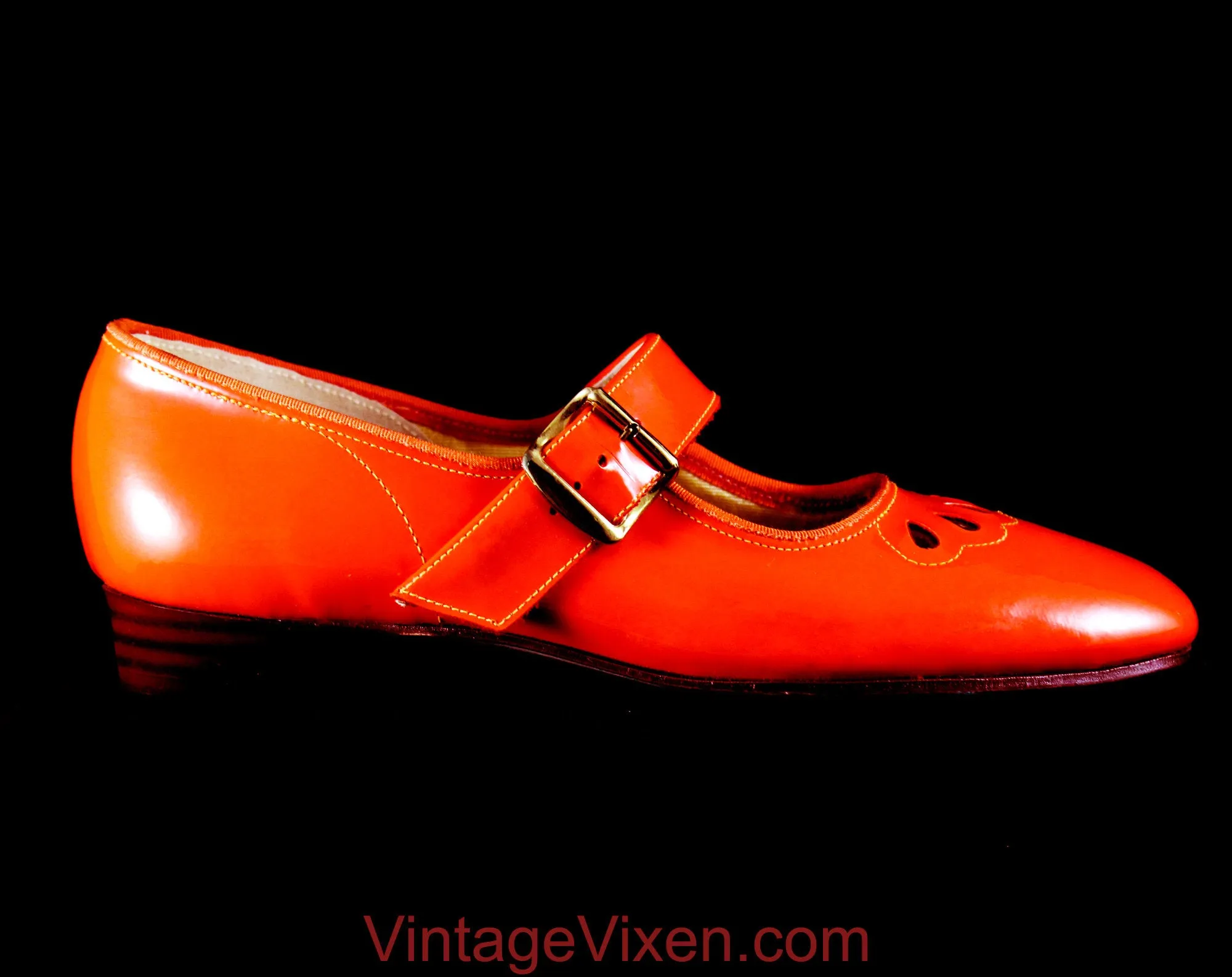 Size 2 Girl's Mary Jane Orange Shoes - Authentic Mod 1960s Girls Bright Vivid Vinyl - Toddler Child Size 2B - 60s Deadstock in Original Box